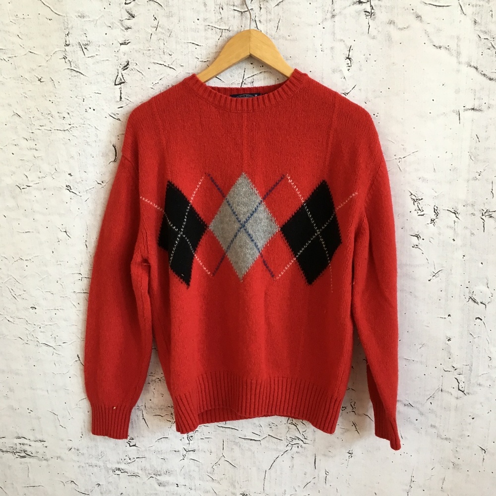 KNIGHTS BRIDGE RED ARGYLE SWEATER  WOOL M